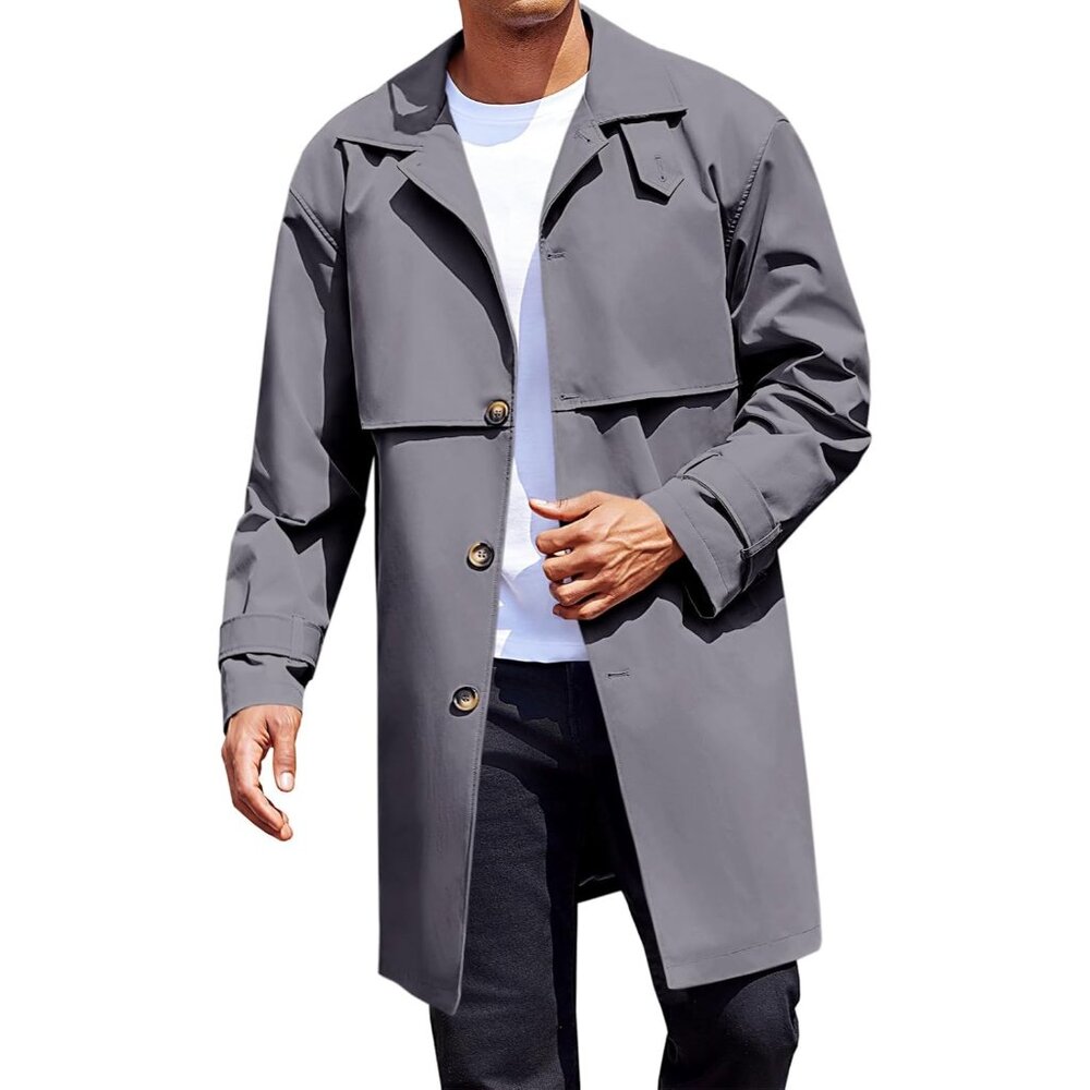 💫 Men Grey Mid Long Trench Coat Single Breasted Slim Fit Casual Fall Jackets